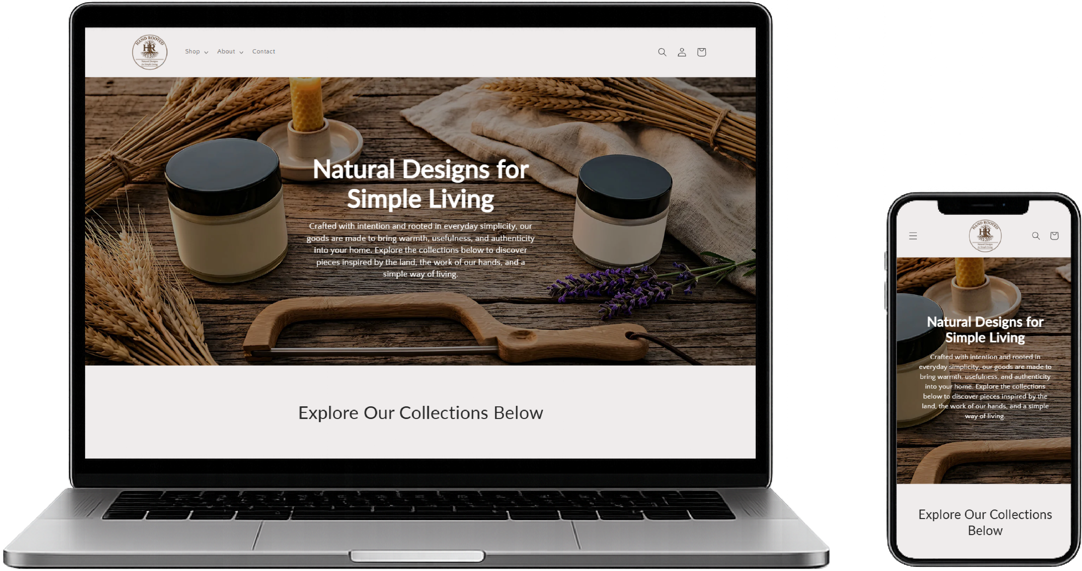 Homepage of HandRooted Goods website displayed on a laptop and smartphone.