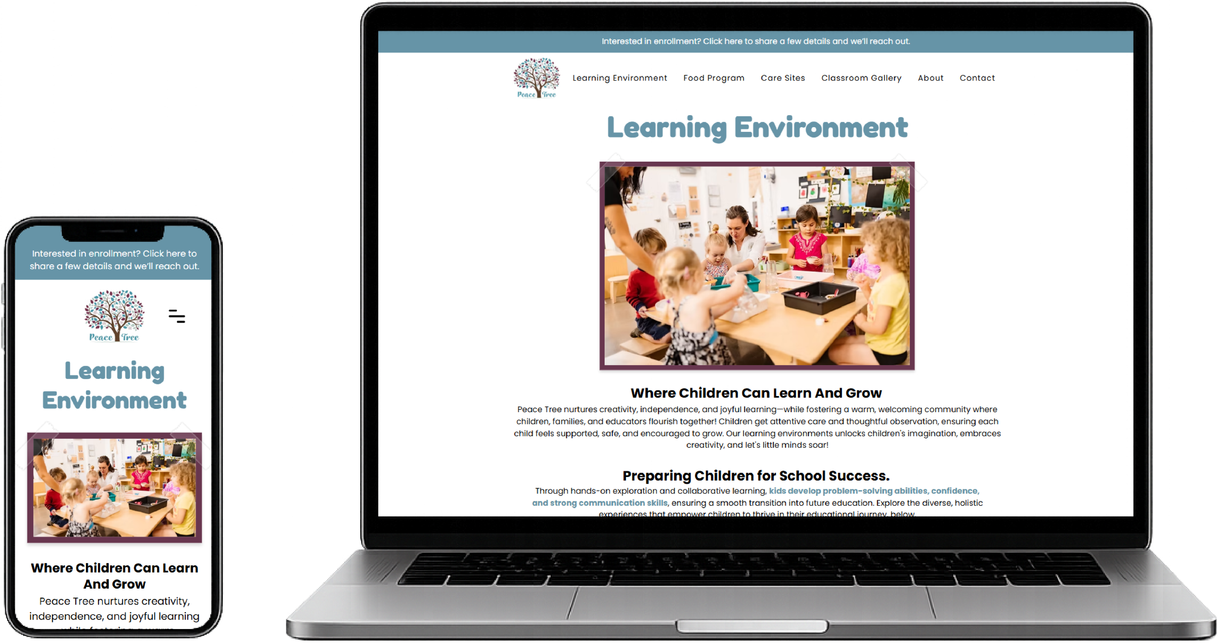 Learning Environment page of Peace Tree's website displayed on a laptop and smartphone.